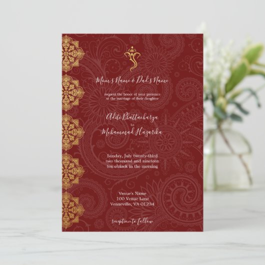 Elegant Gold en Red Ganesha Indian Wedding Kaart (Staand voorkant)