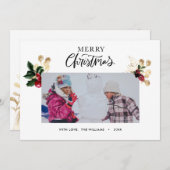 Elegant Gold en Red Holly Berries stijlvol script Feestdagenkaart (Voorkant / Achterkant)