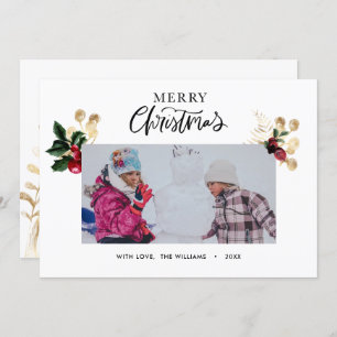 Elegant Gold en Red Holly Berries stijlvol script Feestdagenkaart