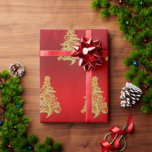 Elegant Gold- en Red-kerstboompatroon Cadeaupapier