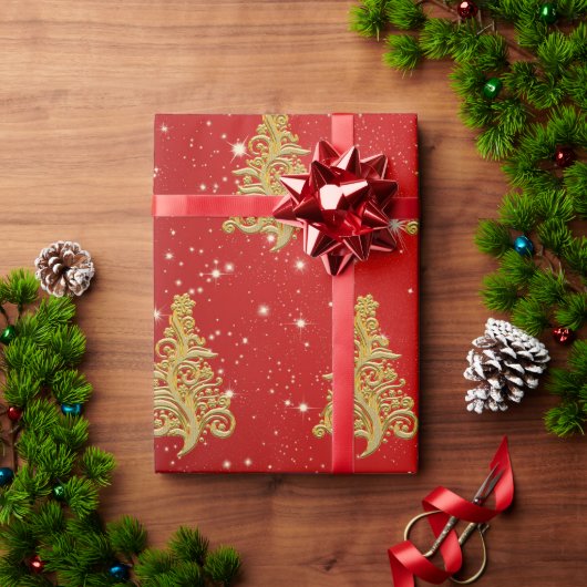 Elegant Gold- en Red-kerstboompatroon Cadeaupapier (Feestdagen Geschenken)