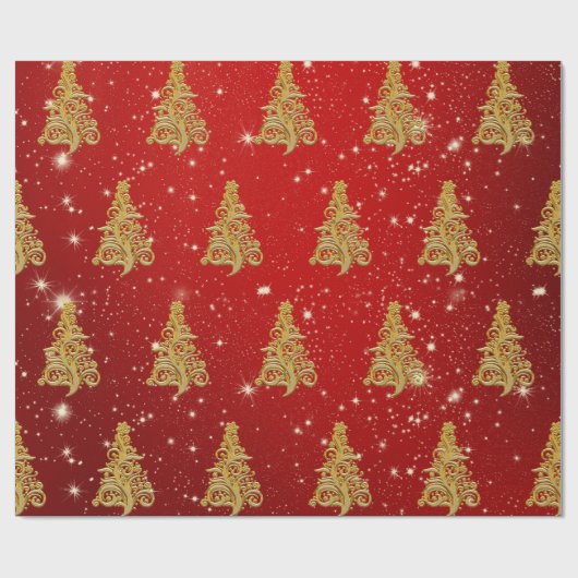Elegant Gold- en Red-kerstboompatroon Cadeaupapier (Vlak)