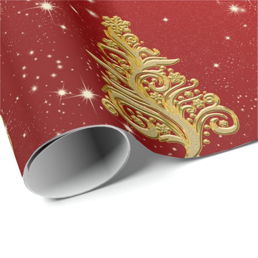 Elegant Gold- en Red-kerstboompatroon Cadeaupapier (Rol Hoek)