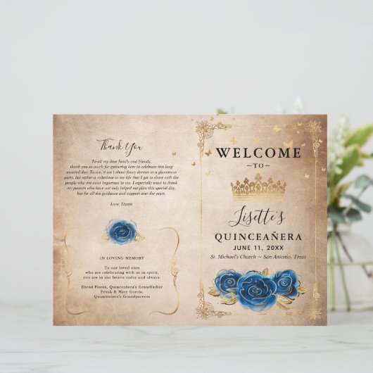 Elegant Gold en Royal Blue Quinceanera Programma (Staand voorkant)