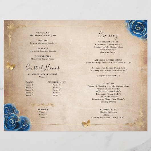Elegant Gold en Royal Blue Quinceanera Programma (Achterkant)