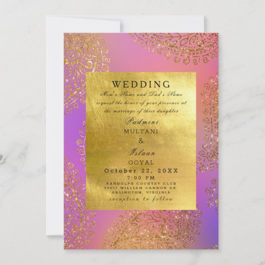 Elegant Gold en roze Indiase stijl bruiloft Kaart (Voorkant)