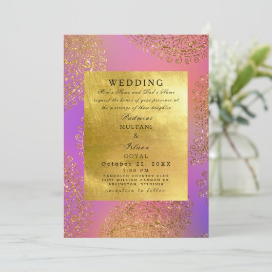 Elegant Gold en roze Indiase stijl bruiloft Kaart (Staand voorkant)