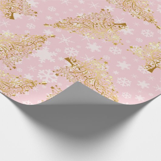 Elegant Gold en roze kerstboompatroon Cadeaupapier (Hoek)