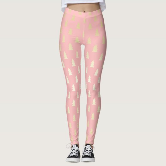 Elegant Gold en roze kerstboompatroon Leggings (Voorkant)