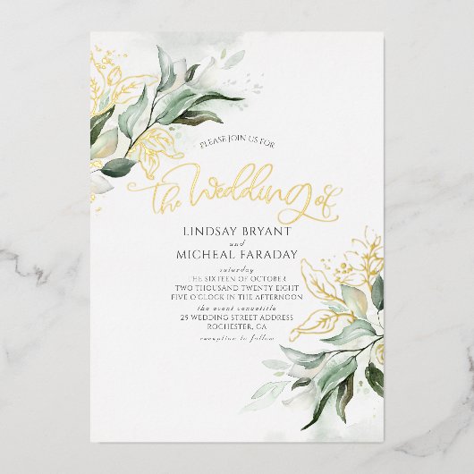Elegant Gold en Sage Greenery Modern Wedding Folie Uitnodiging (Voorkant)