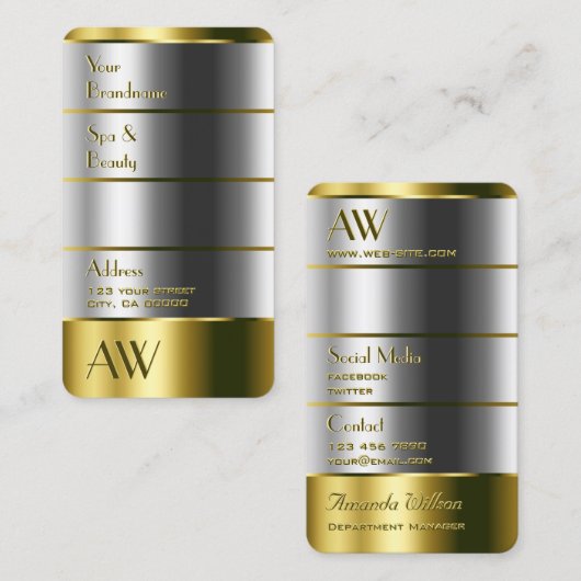 Elegant Gold en Silver met monogram verticaal Visitekaartje (Voorkant / Achterkant)