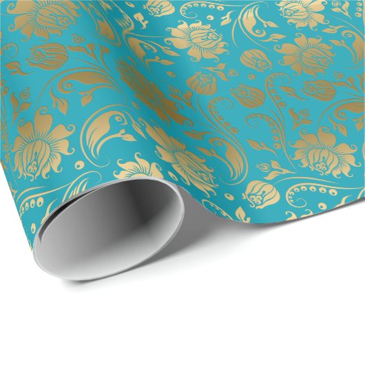 Elegant Gold en Turquoise Floral Pattern Cadeaupapier (Rol Hoek)