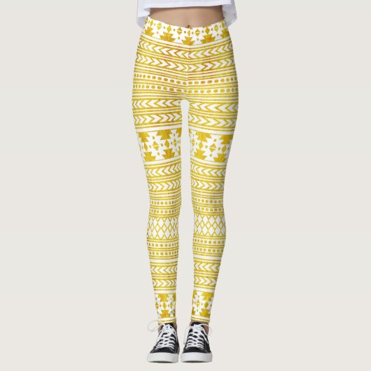 Elegant Gold en White Aztec Tribal Leggings (Voorkant)