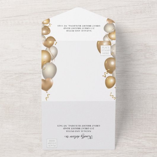 Elegant Gold en White Balloons Gold Lijst Wedding All In One Uitnodiging (Buitenkant)