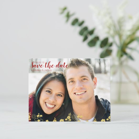 Elegant Gold en White Cherry Blossom Oriental Save The Date (Staand voorkant)