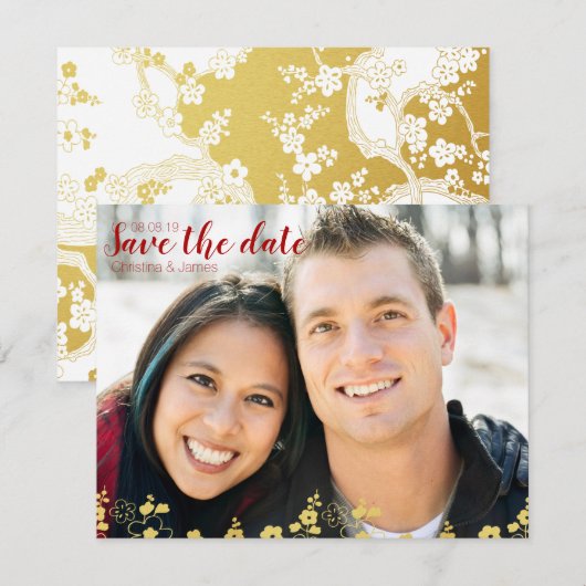 Elegant Gold en White Cherry Blossom Oriental Save The Date (Voorkant / Achterkant)