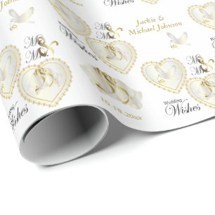 Elegant Gold en White Dove Wedding Hearts Cadeaupapier