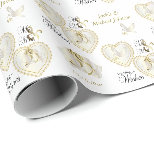 Elegant Gold en White Dove Wedding Hearts Cadeaupapier (Rol Hoek)