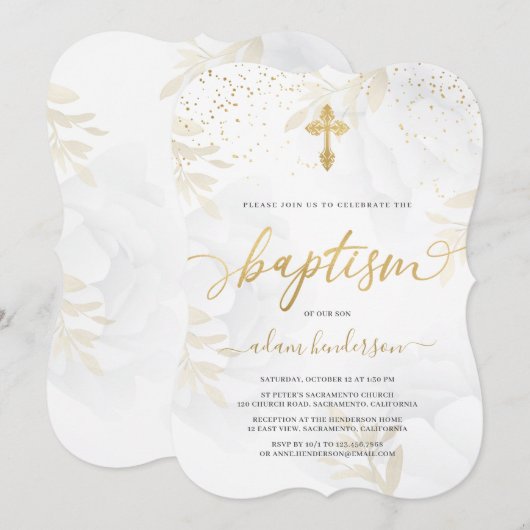 Elegant Gold en White Floral Baptisme Kaart (Voorkant / Achterkant)