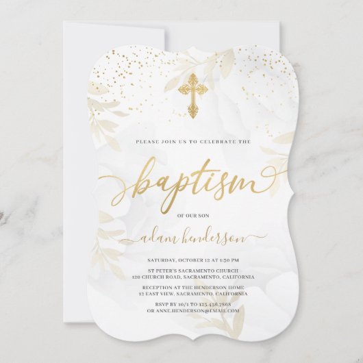 Elegant Gold en White Floral Baptisme Kaart (Voorkant)