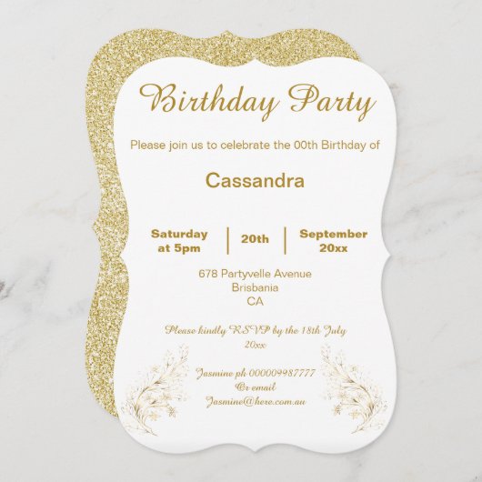 ELEGANT GOLD EN WHITE GLITTER CUSTOM BIRTHDAY KAART (Voorkant / Achterkant)