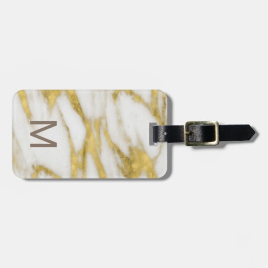 Elegant Gold en White Marble Pattern en Monogram Bagagelabel (Voorkant horizontaal)