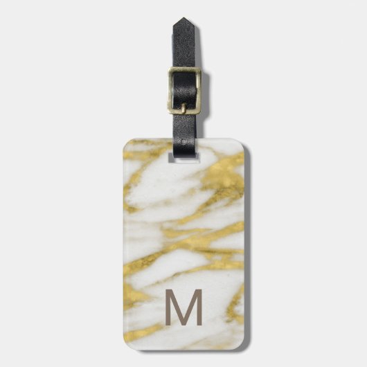 Elegant Gold en White Marble Pattern en Monogram Bagagelabel (Voorkant verticaal)
