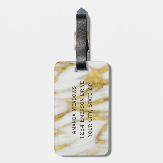 Elegant Gold en White Marble Pattern en Monogram Bagagelabel (Achterkant verticaal)