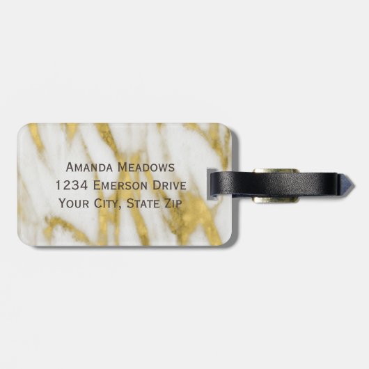 Elegant Gold en White Marble Pattern en Monogram Bagagelabel (Achterkant horizontaal)