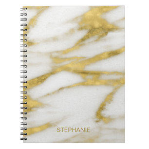 Elegant Gold en White Marble Pattern met naam Notitieboek