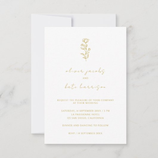 Elegant Gold en White Minimalist Script Weddenscha Kaart (Voorkant)