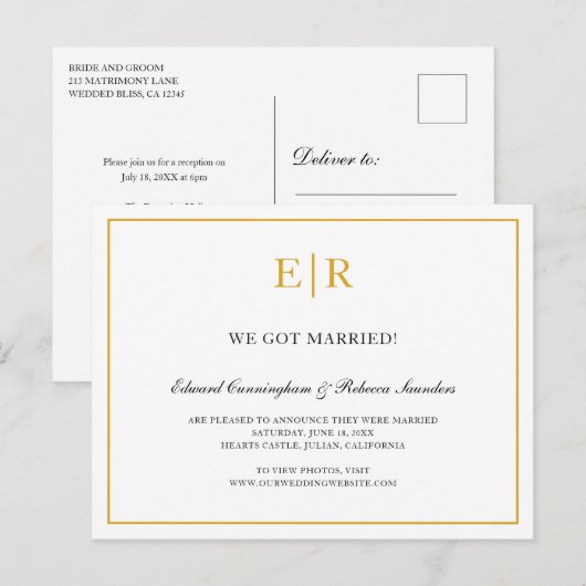 Elegant Gold en White Monogram Formal Wedding Aankondigingskaart (Voorkant / Achterkant)