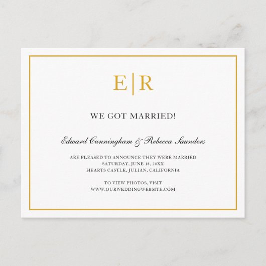 Elegant Gold en White Monogram Formal Wedding Aankondigingskaart (Voorkant)