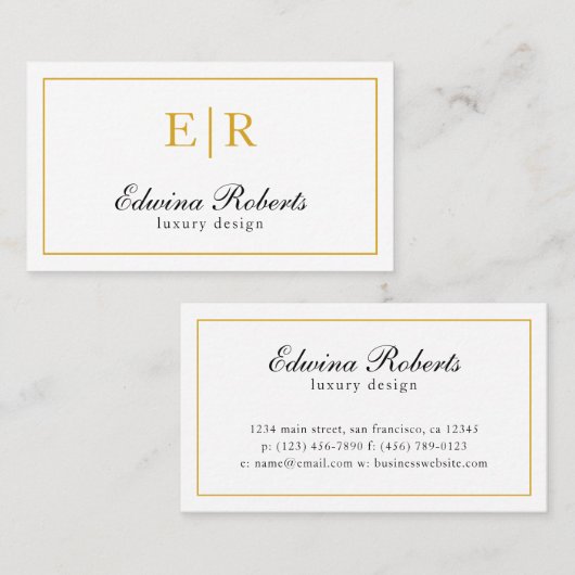 Elegant Gold en White Monogram Professional Visitekaartje (Voorkant / Achterkant)