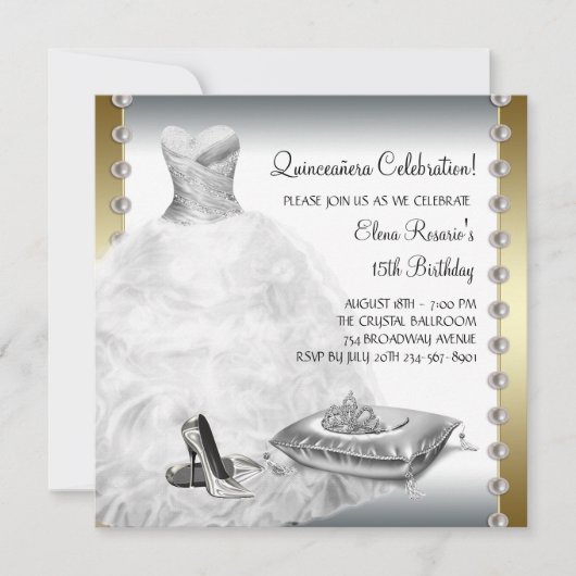 Elegant Gold en White Quinceanera Kaart (Voorkant)