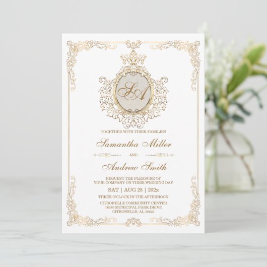 Elegant Gold en White Wedding Kaart (Staand voorkant)