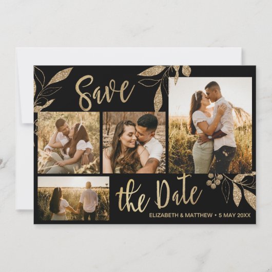 Elegant Gold en zwarte botanische fotocollage Save The Date (Voorkant)