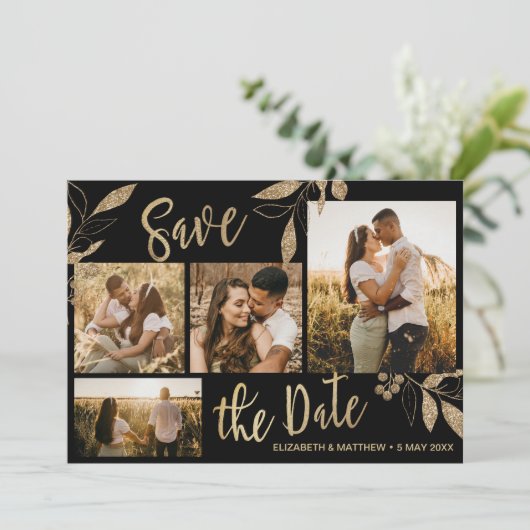 Elegant Gold en zwarte botanische fotocollage Save The Date (Staand voorkant)