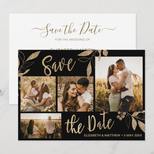 Elegant Gold en zwarte botanische fotocollage Save The Date (Voorkant / Achterkant)