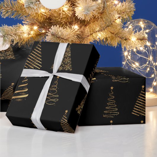 Elegant Gold en zwarte kerstbomen Cadeaupapier (Feestdagen)