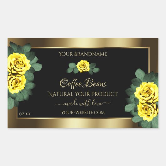 Elegant Gold- en zwarte-productlabels Gele rozen Rechthoekige Sticker (Voorkant)
