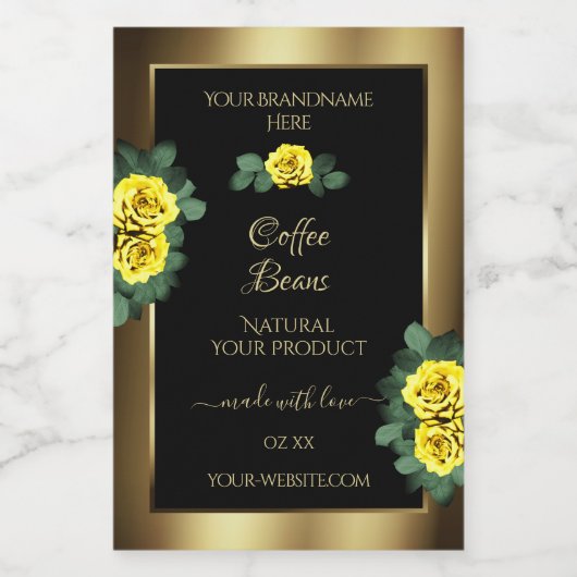 Elegant Gold- en zwarte-productlabels Gele rozen Voedselcontainer Etiket (Enkel label)