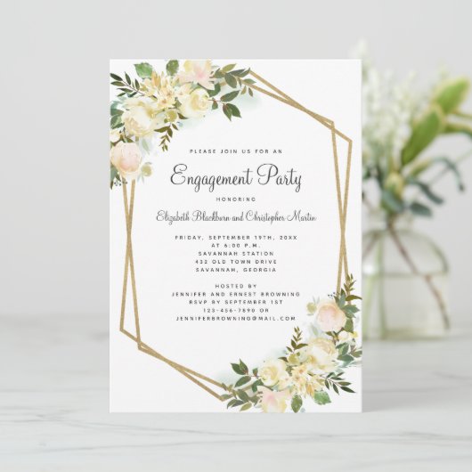 Elegant Gold Engagement Party Wedding Floral White Kaart (Staand voorkant)