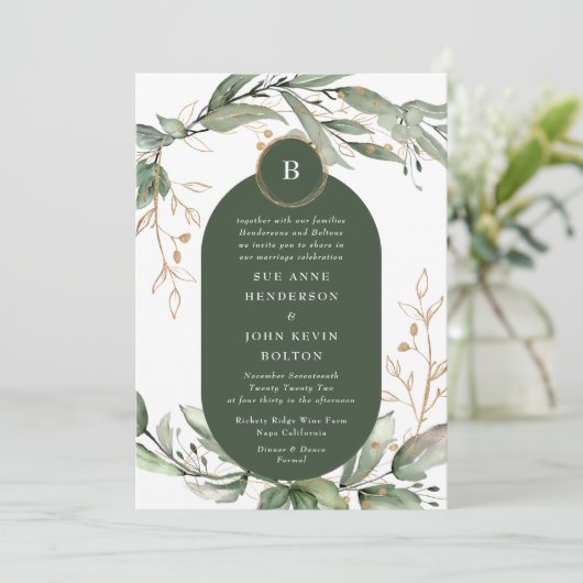 Elegant Gold Eucalyptus Boho Emerald Green Circles Kaart (Staand voorkant)