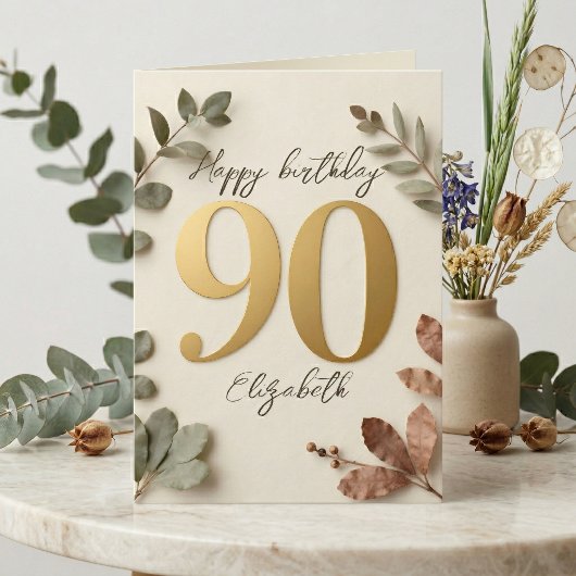 Elegant Gold Eucalyptus Botanical 90th Birthday Kaart
