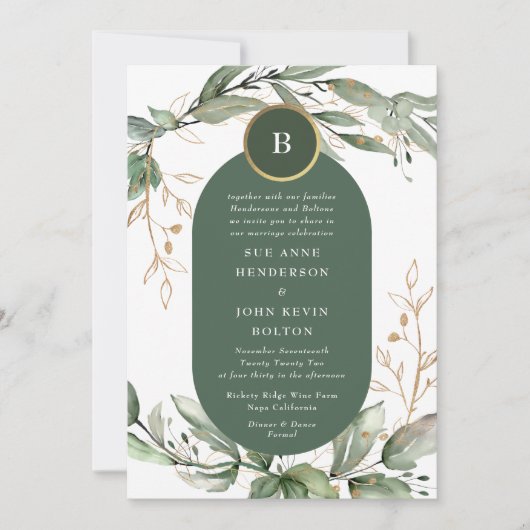 Elegant Gold Eucalyptus Greenery Boho Moss Green Kaart (Voorkant)