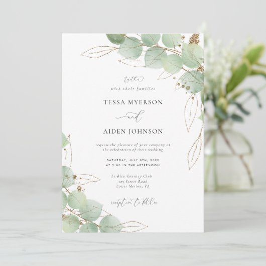 Elegant Gold Eucalyptus Greenery Wedding Kaart (Staand voorkant)
