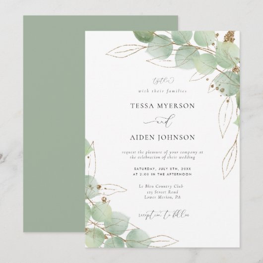 Elegant Gold Eucalyptus Greenery Wedding Kaart (Voorkant / Achterkant)