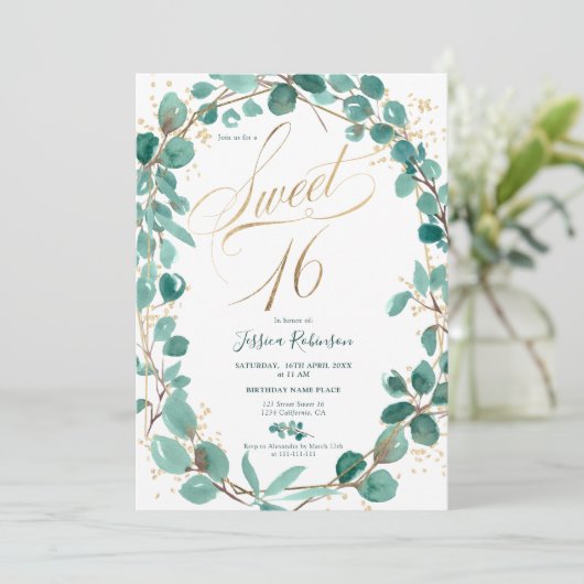 Elegant Gold eucalyptus leaf fotoscript, zoet 16 Kaart (Staand voorkant)