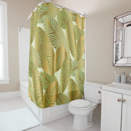 elegant gold exotic leaves seamless pattern on blu douchegordijn (In situ)